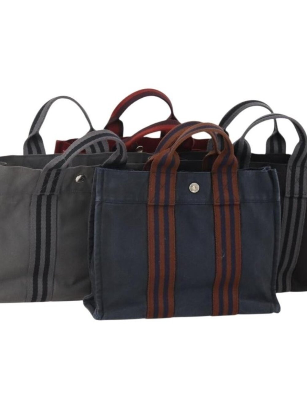 HERMES Fourre Tout PM Hand Bag Canvas 4 Set Gray Red Navy Auth BA12858